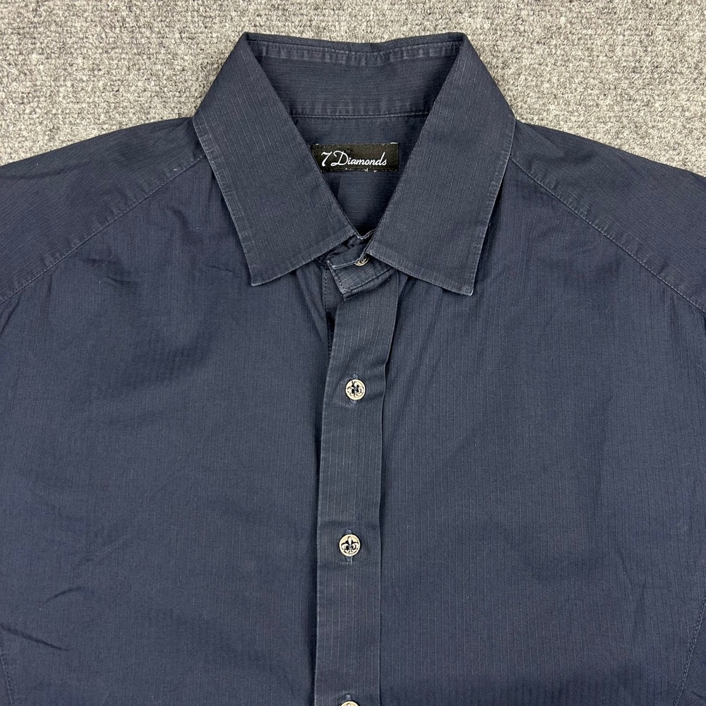 7 Diamonds Button Up Shirt Men M Navy Blue Short Sleeve Textured Cotton Top